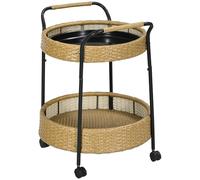 Outsunny Chariot de service en rotin avec 2 étagères, chariot de cuisine rond avec poignées, chariot d'extérieur pour balcon, cadre en acier, diamètre 50 x 66 cm, naturel