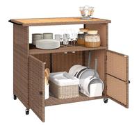 Outsunny Chariot de service en rotin avec plan de travail en bois d'eucalyptus FSC, compartiment de rangement, roulettes, poignée latérale, chariot de bar, chariot de barbecue, chariot d'appoint pour