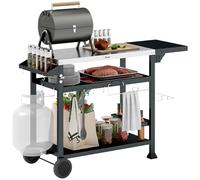 Outsunny Chariot desserte pour Barbecue plancha avec Plateau en INOX, Multi-équipements, 6 Crochets, Tablette Rabattable, 3 étages, 2 roulettes