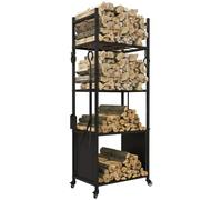 Outsunny Chariot range bûches intérieur, roulettes, métal 45x30x118cm Noir | Porte-Bûches, 4 Crochets, 4 Outils de Cheminée, 4 Étagères, Grande Capacité, Charge 60 kg, Support de Stockage de Bois