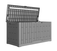 Outsunny Coffre de Rangement Extérieur 379 L Verrouillable avec Vérin à Gaz, Aspect Bois, 122,5x56x62cm, Gris