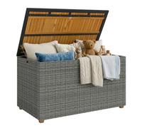 Outsunny Coffre jardin 2en1 450L Couvercle acacia imperméable Gris foncé | Poly rotin, vérins gaz, doublure intérieure, résistant UV, coffre rangement coussins imperméable jardin piscine