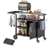 Outsunny Desserte de Jardin Chariot de Barbecue avec Plateau en Acier Inoxydable, Tablette Rabattable et Crochets, Housse Fournie, Meuble de Service Extérieur à roulettes pour Plancha, 127x51x84cm