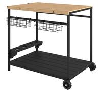 Outsunny Desserte de jardin chariot pour plancha barbecue en bois et métal avec poignée 2 plateaux 2 paniers et porte-bouteilles