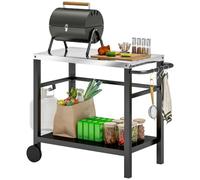 Outsunny Desserte Plancha Extérieure 2 Roues 102x50x81cm Gris Charbon | Plan de Travail en Acier Inoxydable, Chariot de Barbecue avec Étagère, Desserte de Jardin avec Crochets, Porte-Serviettes