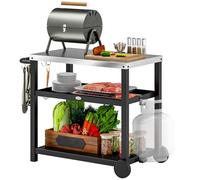 Outsunny Desserte plancha extérieure avec plan de travail en acier inoxydable, chariot de barbecue avec étagères, desserte de jardin avec crochets, porte-serviettes, 2 roues, 102x50x81cm, gris charbon