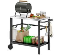 Outsunny Desserte plancha extérieure avec Plan de Travail en Acier Inoxydable, Chariot de Barbecue avec étagère, desserte de Jardin avec Crochets, Porte-Serviettes, 2 Roues, 102x50x81cm, Gris Charbon