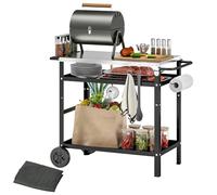 Outsunny Desserte plancha extérieure avec Plan de Travail en Acier Inoxydable, Chariot de Barbecue étagère réglable, desserte de Jardin avec 6 Crochets, Porte-Serviettes, 2 Roues, 100x52x80cm, Noir