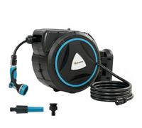 Outsunny Enrouleur Tuyau Arrosage Mural Automatique 25m 10+2 Modes Bleu | Pistolet d'Arrosage 10+2 Modes, Solution d'Irrigation Rétractable et Flexible, Jardin, Nettoyage Voiture