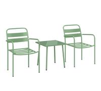 Outsunny Ensemble bistrot de jardin 3 pièces - table basse en verre trempé et 2 chaises à lattes, cadre en acier galvanisé, vert