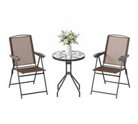 Outsunny Ensemble de jardin 3 pièces 2 chaises inclinables multi-positions pliables + table ronde verre trempé métal époxy textilène chocolat