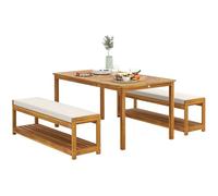Outsunny Ensemble de meubles de jardin 3 pièces en bois d'acacia, y compris 1 table de salle à manger avec trou pour parasol, 2 bancs, ensemble de meubles de balcon