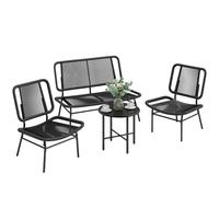 Outsunny Ensemble de jardin extérieur en rotin 4 pièces noir | Ensemble terrasse résistante aux intempéries avec canapé 2 places, 2 chaises, table basse avec couvercle métallique