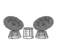 Outsunny Ensemble salon de jardin 3 pièces avec 2 fauteuils papasan pivotant et 1 tables basse ronde 2 grands coussins fourni polyester résine tressée gris