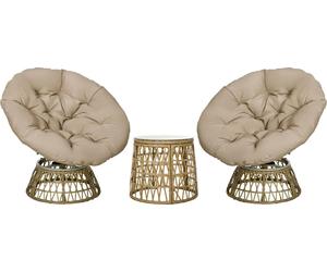 Outsunny Ensemble salon de jardin 3 pièces avec 2 fauteuils papasan pivotant et 1 tables basse ronde 2 grands coussins fourni polyester résine tressée marron
