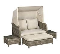 Outsunny Ensemble Salon de Jardin 4 pièces canapé 2 Places + 1 Repose-Pieds + 2 Table Basse avec Coussins - métal galvanisé et résine Aspect rotin - Beige Marron