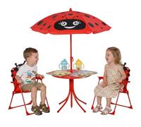 Outsunny Ensemble Salon de Jardin Enfant 4 pcs Design Grenouille Rouge | Table Ronde, 2 Chaises Pliables, Parasol, Métal Époxy, Oxford