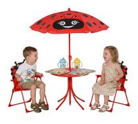 Outsunny Ensemble Salon de Jardin Enfant 4 pcs Design Coccinelle - Table Ronde + 2 chaises Pliables + Parasol - mšŠtal šŠpoxy Oxford Rouge