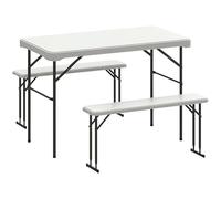Outsunny Ensemble Table Pliante et bancs de Pique-Nique 113 cm, Table Camping Pliante avec chaises Portables avec poignées de Transport, Pliable, Gris Clair et Blanc