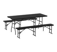 Outsunny Ensemble Table Pliante et bancs de Pique-Nique 180 cm, Table Camping Pliante avec chaises Portable avec poignées de Transport, Design Effet rotin Noir