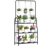 Outsunny Étagère à fleurs 3 niveaux pour Intérieur Extérieur Métal Noir | Support de Plantes, Tige de Suspension, 3 Crochets, pour Balcon, Salon, Chambre, Jardin