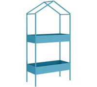 Outsunny Étagère à Plantes 2 Niveaux, Support de Plantes en Métal avec Crochet, Porte-Pots en Forme de Maison, Bleu-Vert
