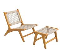 Outsunny Fauteuil de jardin avec tabouret, 2 pièces, en bois d'acacia FSC, fauteuil d'extérieur avec siège en rotin, style bohème, pieds réglables, en polyrotin, jusqu'à 160 kg, fauteuil de jardin