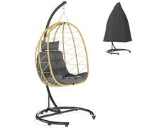 Outsunny Fauteuil suspendu 150 kg max avec panier pliable et coussin, en acier et rotin PE, fauteuil de jardin 102 x 102 x 195 cm, noir, gris et beige