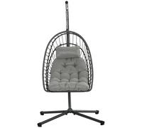 Outsunny Fauteuil suspendu de jardin chaise hamac résine tressée panier pliable avec matelas support en métal et appui-tête gris