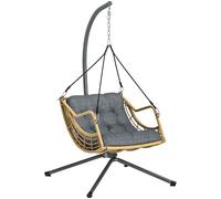 Outsunny Fauteuil Suspendu en résine tressée avec Support, Chaise Suspendue, Chaise hamac balançoire, Coussin et Attache de sécurité, Hauteur réglable, Cadre en Acier, intérieur et extérieur, Gris