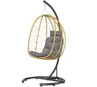 Outsunny Fauteuil Suspendu et Pliable avec Coussins, en Acier et Rotin PE, 102x102x195 cm, Noir Gris et Beige
