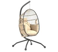 Outsunny Fauteuil Suspendu, Fauteuil Oeuf Suspendu Panier Pliable, Chaise hamac balançoire, avec Coussin rembourré, Oreiller, Porte-gobelet, pour intérieur et extérieur, Kaki
