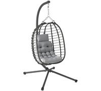 Outsunny Fauteuil suspendu pliable en résine tressée avec support, coussin et oreiller hauteur réglable, gris