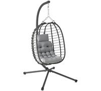 Outsunny Fauteuil Suspendu Pliable en résine tressée avec Support, Fauteuil Oeuf Suspendu, Chaise hamac balançoire, Coussin et Oreiller, Hauteur réglable, Cadre en Acier, intérieur et extérieur, Gris
