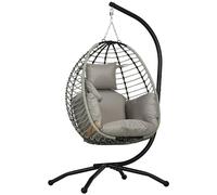 Outsunny Fauteuil œuf Suspendu balancelle Pliante avec Coussin et Support Usage intérieur extérieur métal Corde en polypropylène dim. 110L x 100l x 188H cm Gris