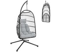 Outsunny Fauteuil Œuf Suspendu Pliable avec Support - Balançoire de Jardin avec Coussin 15cm et Appui-tête - Chaise Suspendue Intérieure et Extérieure, Nacelle Pliable Gain de Place, Noir et Gris