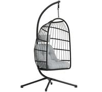 Outsunny Fauteuil Œuf Suspendu Pliable avec Support Coussin 15cm et Appui-tête Gain de Place Résine Tressée 101x105x196cm Gris