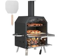 Outsunny Four à Pizza Extérieur à Bois et Charbon - Combiné Barbecue Fumoir 2 Étages avec Pierre de 30 cm et Pelle - Portable avec Pieds Pliables pour Camping Jardin Terrasse, Noir