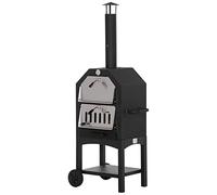 Outsunny Four à Pizza extérieur au Charbon de Bois - Barbecue sur roulettes - Four à Bois - Pierre réfractaire - cheminée, jauge température - Acier INOX.Noir Gris