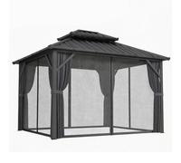 Outsunny Gazebo 3 x 3,6 m à Toit Rigide avec Toit Double en Acier Galvanisé, Structure en Aluminium, Gris Foncé