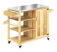 Outsunny Îlot de cuisine extérieur, Chariot de grill avec armoire et étagères, Chariot de cuisine en bois et acier inoxydable, avec roulettes, Bois naturel