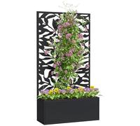 Outsunny Jardinière avec Treillis, Brise-Vue paravent, jardinière extérieure métal sur Pieds ou Murale, Motif de Feuilles Pleines, bac à Fleurs rectangulaire Balcon terrasse, 61x23x113cm, Noir