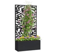 Outsunny Jardinière avec Treillis Feuilles Pleines 61x23x113cm | Brise-Vue Paravent, Jardinière Extérieure Métal, sur Pieds ou Murale, Bac à Fleurs Rectangulaire, Balcon Terrasse Noir