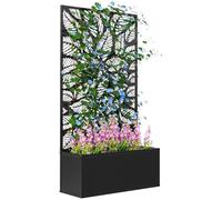 Outsunny Jardinière avec Treillis, Brise-Vue paravent, jardinière extérieure métal sur Pieds ou Murale, Motif de Petites Feuilles, bac à Fleurs rectangulaire Balcon terrasse, 61x23x113cm, Noir