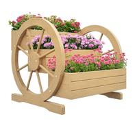 Outsunny Jardinière sur Pieds carré Potager 3 étages Style Rustique Chic avec 2 Roues Charrette Bois Sapin, Trous de Drainage, dim. 62L x 61l x 57H cm Bois Naturel