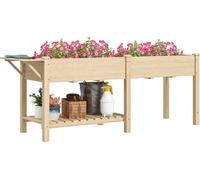 Outsunny Jardinière sur pieds, carré potager de jardin sur pieds, 2 bacs avec séparateur, tablette pliable et étagère inférieure, potager surélevé en bois pour fleurs, 207 x 59 x 78 cm, bois naturel