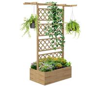 Outsunny Jardinière Surélevée avec Treillis et Barres de Toit, bac à Fleurs, lit surélevé Trous de Drainage, Tissu Non tissé, pour Plantes grimpantes, légumes, extérieur, Bois Massif, Bois Naturel