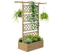 Outsunny Jardinière Surélevée avec Treillis et Barres de Toit Bois Naturel | Bac à Fleurs, Lit Surélevé, Trous de Drainage, Tissu Non Tissé, pour Plantes Grimpantes, Légumes, Extérieur, Bois Massif