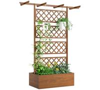 Outsunny Jardinière Surélevée avec Treillis et Barres de Toit Marron | Bac à Fleurs, Lit Surélevé, Trous de Drainage, Tissu Non Tissé, pour Plantes Grimpantes, Légumes, Extérieur, Bois Massif