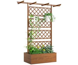 Outsunny Jardinière Surélevée avec Treillis et Barres de Toit Marron | Bac à Fleurs, Lit Surélevé, Trous de Drainage, Tissu Non Tissé, pour Plantes Grimpantes, Légumes, Extérieur, Bois Massif